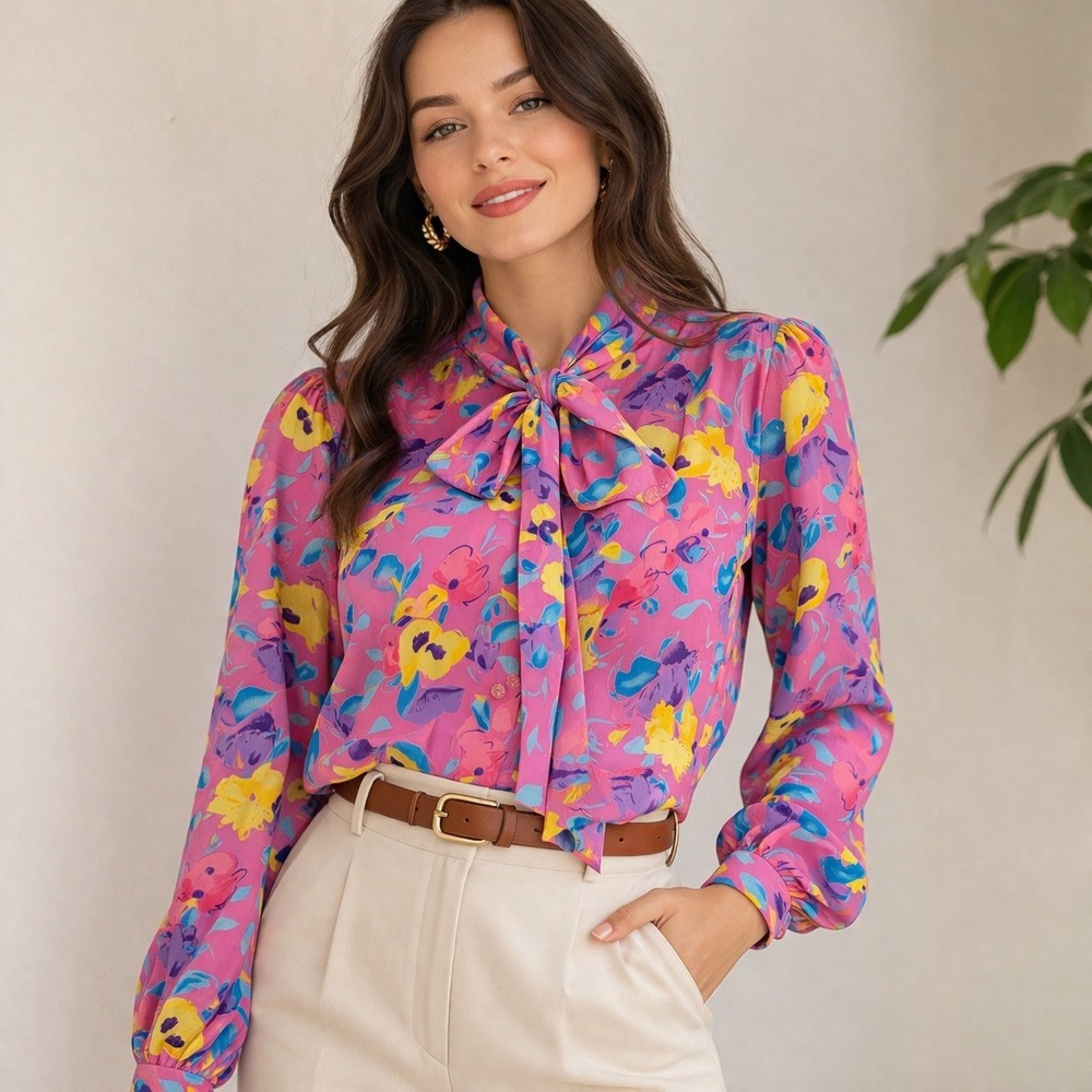 Vintage Puccini Tie Neck Floral‎ Blouse Pink Floral Long Sleeve Retro Women's M